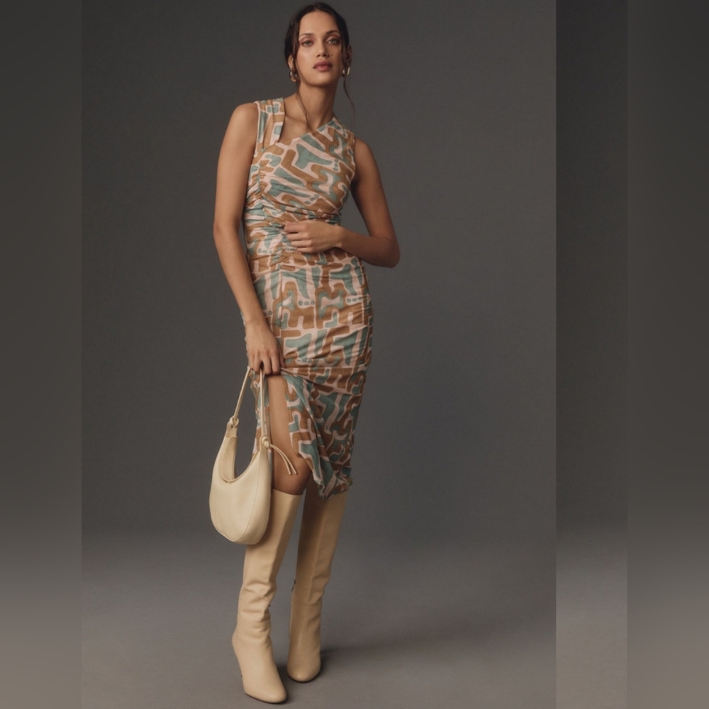NWT Anthropologie Fitted Ruched Printed Dress with Side Slit Size Large